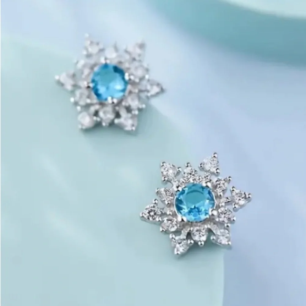 Diamond & Bright Blue Aquamarine Starburst Silver Toned Stud Earrings - Picture 6 of 7